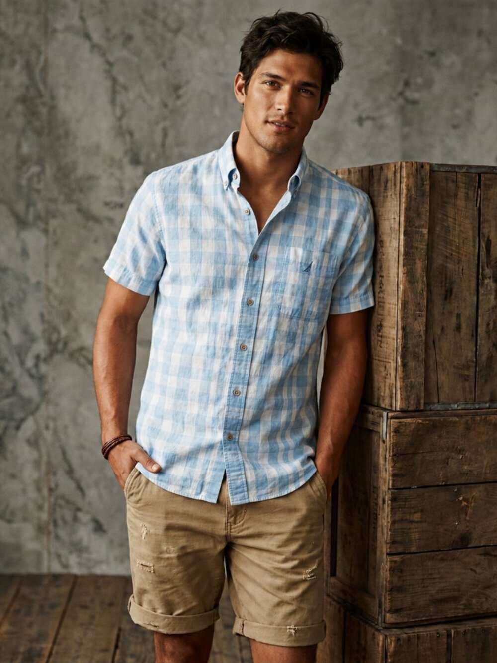 Nautica Mens M Shirt Sky Blue White Cotton Plaid Short Sleeve Button Down Top